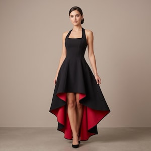 May include: A black high-low dress featuring a halter neckline and a square bodice. The garment has a solid black exterior and a contrasting vibrant red interior lining that is visible along the hemline of the flared, asymmetrical skirt.