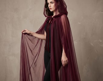 Transparenter Tüll-Hexenumhang mit Kapuze, gotischer Brautschleier, Fantasy-Cosplay-Umhang (150 cm)