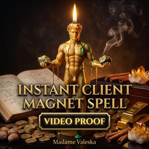 May include: A gold-coloured candle shaped like a muscular figure with a laurel wreath headpiece, topped with a lit flame. The figure holds dark stones, with green wax dripping down. Text reads: INSTANT CLIENT MAGNET SPELL, VIDEO PROOF, Madame Valeska.