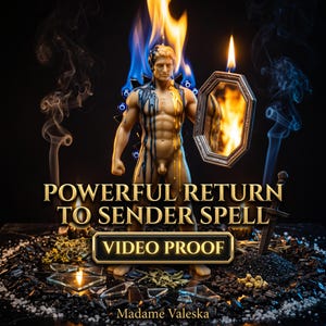 May include: A beige human-shaped candle with blue and gold wax drips, holding an octagonal mirror reflecting fire. Behind the candle are blue evil eye beads. Text reads: POWERFUL RETURN TO SENDER SPELL, VIDEO PROOF, and Madame Valeska.