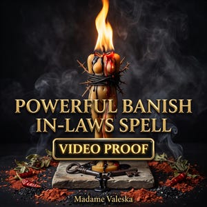May include: A tan-coloured candle shaped like a human figure wrapped in black wire and thorns, topped with a flame. The candle sits on a stone base with a metal key, surrounded by red chilli peppers and black salt. Text reads: POWERFUL BANISH IN-LAWS SPELL VIDEO PROOF Madame Valeska.