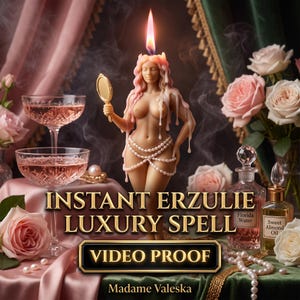 May include: A candle shaped like a figure holding a mirror with a flame on its head, adorned with pearl strands. The text reads INSTANT ERZULIE LUXURY SPELL, VIDEO PROOF, and Madame Valeska. Includes pink roses, two crystal glasses, and glass bottles.
