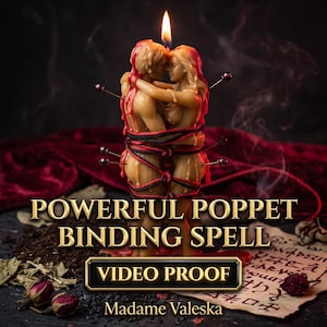 May include: A beige wax candle shaped like two figures embracing, wrapped in red and black cord, pierced by pins with dark red beads. A flame burns at the top. Text reads: POWERFUL POPPET BINDING SPELL, VIDEO PROOF, and Madame Valeska.