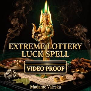 Puede incluir: Una vela con forma de figura vendada con corona y llamas en la parte superior, sosteniendo un cuerno de la abundancia con monedas y dados. El texto dice EXTREME LOTTERY LUCK SPELL, VIDEO PROOF y Madame Valeska sobre un calendario.