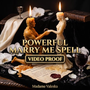 May include: Two sculpted wax candles shaped like a person kneeling and a person standing, with a ring between them. The candles are lit and placed on a parchment with the text "CONJUNCTIO AETERNA" and "VOTUM AMORIS," featuring the text "POWERFUL MARRY ME SPELL" and "VIDEO PROOF."