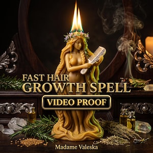 May include: A yellow wax candle shaped like a figure with long hair holding a comb, topped with a flame and a small wreath. The text reads FAST HAIR GROWTH SPELL, VIDEO PROOF, and Madame Valeska. Rosemary sprigs and crystals surround the base.