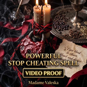 May include: Two lit candles wrapped in red and black cord with a red wax-sealed padlock, a silver tray with peppercorns, and a parchment paper with the text: Eyes blind to others. Heart and desire sealed alone. POWERFUL STOP CHEATING SPELL VIDEO PROOF Madame Valeska.