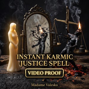 Puede incluir: Una vela con figura femenina clara se encuentra junto a un espejo ornamentado que refleja una vela con figura masculina negra con una mecha encendida. Una balanza de latón sostiene una figura de vela negra con llama. Texto: INSTANT KARMIC JUSTICE SPELL VIDEO PROOF Madame Valeska.