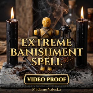 Könnte beinhalten: Eine gelbe Wachsfigur, umwickelt mit Bindfaden, flankiert von zwei hohen schwarzen Kerzen mit brennenden Flammen. Eine Glasflasche, dunkle Eisennägel und schwarzes Salz liegen auf einer Steinplatte. Text: EXTREME BANISHMENT SPELL, VIDEO PROOF, Madame Valeska.