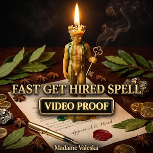 May include: A yellow wax candle shaped like a figure wearing a laurel wreath crown, holding a key, with a flame on top. The candle sits on a document with the text FAST GET HIRED SPELL, VIDEO PROOF, and Approved & Hired, near a gold pen and coins.