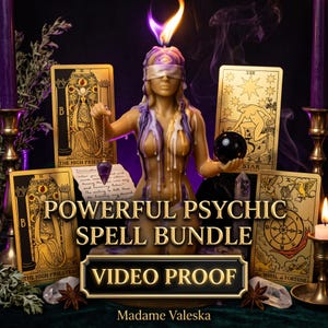May include: A tan-colored candle shaped like a blindfolded figure with purple and white wax drips, holding a purple pendulum and a black sphere. The candle is surrounded by four gold-bordered tarot cards, two purple candles, and text reading POWERFUL PSYCHIC SPELL BUNDLE VIDEO PROOF Madame Valeska.
