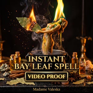 May include: A golden human-shaped candle stands in a black cauldron, holding a burning bay leaf with runes. The text reads INSTANT BAY LEAF SPELL, VIDEO PROOF, and Madame Valeska. Small glass bottles, cinnamon sticks, and star anise surround the base.