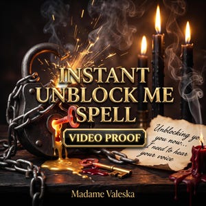 Puede incluir: Un candado de metal oscuro envuelto en cadenas con una llave brillante insertada que emite chispas. Tres velas negras arden cerca, junto a un pergamino con el texto 'Unblocking you now... I need to hear your voice' y 'Madame Valeska'.