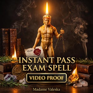 May include: A wax candle shaped like a muscular figure wearing a laurel wreath with a flame on top, holding a drafting compass and a paper with an A+ seal. Text reads: INSTANT PASS EXAM SPELL, VIDEO PROOF, Madame Valeska, and Antique Library.