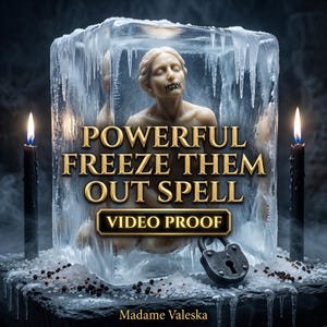 May include: A sculpture of a figure with stitched lips encased in a large block of ice with icicles. The text reads POWERFUL FREEZE THEM OUT SPELL, VIDEO PROOF, and Madame Valeska. Two black candles stand on either side of the ice block.