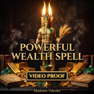 Peut inclure: Une statue musclée portant une couronne avec deux bougies allumées, tenant une clé dorée et une gerbe de blé. Des lingots d'or, des pièces, des cristaux verts et deux livres Estate Ledgers l'entourent. Texte : POWERFUL WEALTH SPELL, VIDEO PROOF, Madame Valeska.