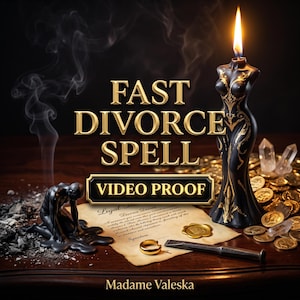 May include: A black candle shaped like a female figure with gold accents, a kneeling black figure, gold coins, clear crystals, a gold ring, a metal tool, and a document with the text FAST DIVORCE SPELL, VIDEO PROOF, and Madame Valeska.