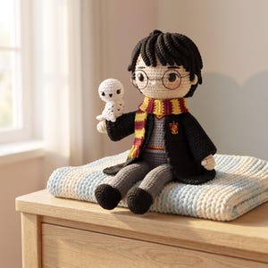 May include: A crocheted doll featuring a character with black hair, round glasses, a grey sweater, and a black robe. The doll wears a yellow and red striped scarf and holds a small white owl. The figure has a crest on the chest and black shoes.