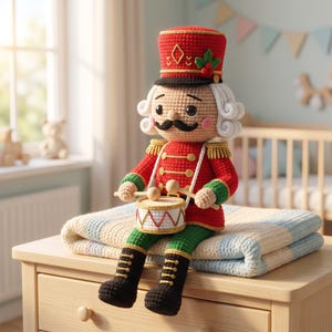 Op de afbeelding: Een gehaakte notenkrakerpop met een rood jasje met gouden rand, een groene broek en zwarte laarzen. De pop heeft wit haar, een zwarte snor en houdt een kleine trommel met twee stokjes vast. Het draagt een rode hoed met een hulstaccent.