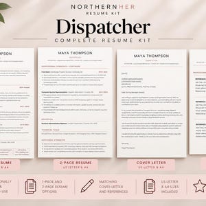 May include: A resume kit titled NorthernHer Dispatcher Complete Resume Kit, featuring eight professional documents including a one-page resume, two-page resume, cover letter, and references, all formatted for US Letter and A4 paper sizes.