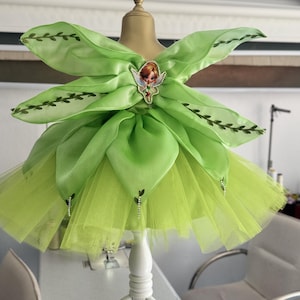 Tinker Bell Costume for Girls, Green Fairy Dress, Woodland Birthday Outfit, Handmade Pixie Wings, Halloween Party Gown