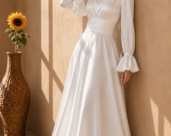 Modest Wedding Dress Long Sleeve, White Satin A-Line High Neck Maxi Dress, Bell Sleeve Bridal Gown, Wedding Guest, Elegant Bridesmaid Gown