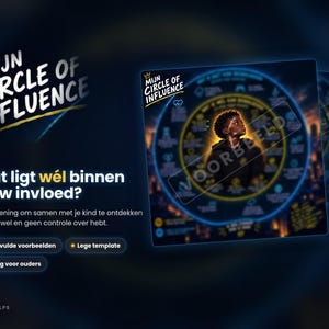 May include: A square educational card titled Mijn Circle of Influence featuring a central illustration of a child looking upward, surrounded by concentric blue rings with icons and text, set against a dark background with the text Ashahelps.