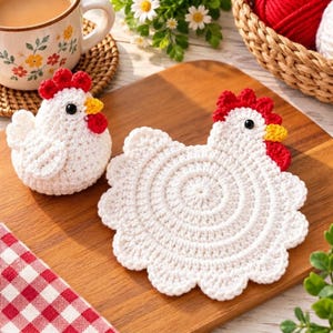 May include: A white crocheted chicken-shaped coaster and a small three-dimensional crocheted chicken figure. Both items feature a red comb, a yellow beak, and black bead eyes. The coaster is circular with a scalloped edge, while the figure is rounded.