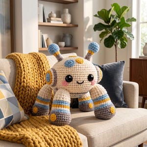 Peut inclure: Un robot en crochet de couleur crème, de forme ronde, doté de quatre pattes, de deux antennes et de grands yeux noirs. Le robot présente des accents bleus, jaunes et gris sur le corps, les pattes et la tête, avec des joues roses et un sourire.