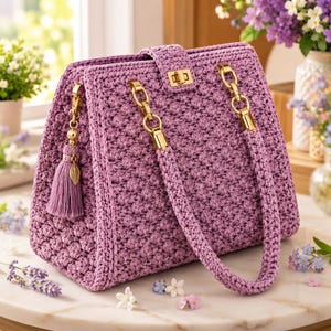 May include: A lavender crochet handbag featuring a textured bobble stitch pattern, gold-tone metal chain handles, and a central gold-tone turn-lock closure. A matching lavender tassel with a small gold-tone leaf charm hangs from the side.