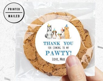 Hond Verjaardag Puppy Pawty, dieren, huisdier, bedankt, ronde sticker, hondenthema, hondenfeest, hondengunsten, eerste verjaardag