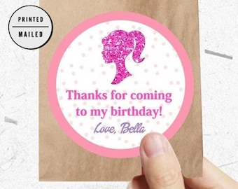 Personalized Birthday Party, Birthday Stickers, Pink Doll Stickers, Doll Party Stickers, Favor Thank You Stickers, GIRL birthday, Pink Dress