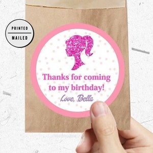 Personalisierte Geburtstagsfeier, Geburtstagsaufkleber, Rosa Puppenaufkleber, Puppenparty Aufkleber, Favor Danke Aufkleber, MÄDCHEN Geburtstag, Rosa Kleid