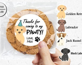 Hond Verjaardag Puppy Pawty, dieren, huisdier, bedankt, ronde sticker, hondenthema, hondenfeest, hondengunsten, eerste verjaardag