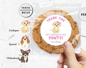 Hond Verjaardag Puppy Pawty, dieren, huisdier, bedankt, ronde sticker, hondenthema, hondenfeest, hondengunsten, eerste verjaardag