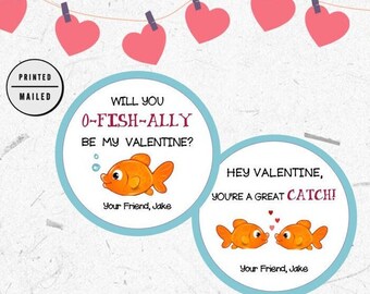 Valentine Fish Stickers, School valentines day stickers, Personalized Valentines Day Goldfish Treat Bag Label, Valentine, Goldfish Valentine