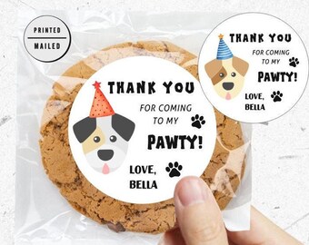 Hond Verjaardag Puppy Pawty, dieren, huisdier, bedankt, ronde sticker, hondenthema, hondenfeest, hondengunsten, eerste verjaardag