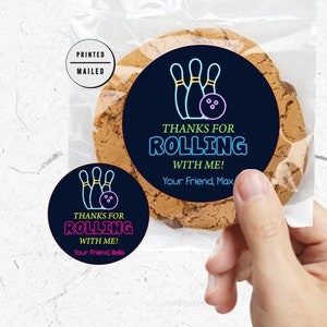 Autocollants personnalisés de fête d&#39;anniversaire de bowling, thème d&#39;anniversaire de bowling, étiquettes d&#39;autocollant de faveur de partie, bowling de néon, bowling de nuit, bowling rétro
