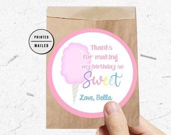 Geburtstagsaufkleber, süße rosa Zuckerwatte-Aufkleber, Zirkus-Geburtstagsfeier, personalisierte Geburtstagsfeierbevorzugung danke