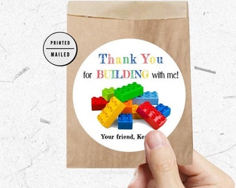 May include: Round thank you sticker with a white background and colorful toy building blocks. The sticker says "Thank You for BUILDING with me!" and "Your friend, [Name]"