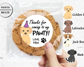 ROZE hond verjaardag puppy Pawty, dieren, huisdier, bedankt, ronde sticker, hondenthema, hondenfeest, hondengunsten, eerst
