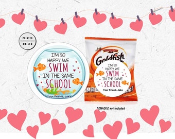 Personalisierte Fische Valentinstag Aufkleber, so froh, dass wir in der gleichen Schule Goldfisch Valentinstag, Klassenzimmer Valentinstag, Valentinstag schwimmen