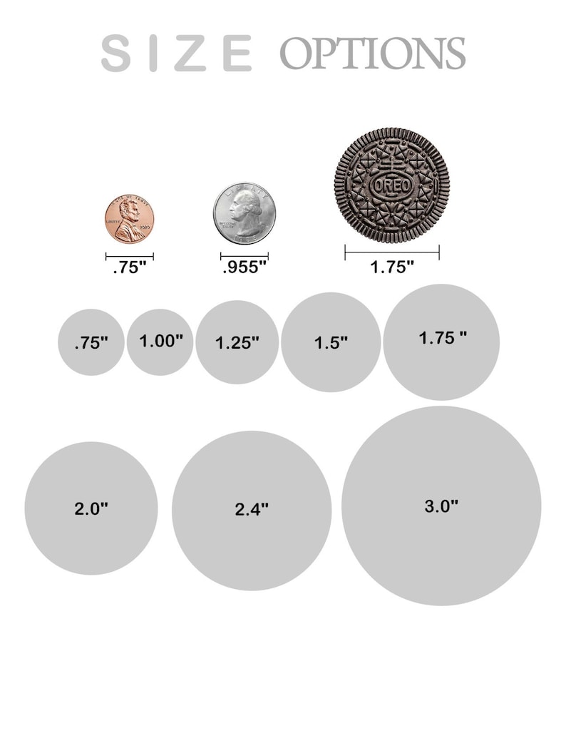 Puede incluir: Un gr&aacute;fico que muestra diferentes tama&ntilde;os de pegatinas redondas, con tama&ntilde;os que van desde 0,75 pulgadas hasta 3 pulgadas. El gr&aacute;fico incluye una representaci&oacute;n visual de cada tama&ntilde;o utilizando monedas y una galleta.