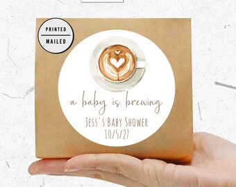 Baby is Brewing Baby Shower Favor Stickers, Coffee, Hearts, Personalized Party Labels, Thank you Stickers