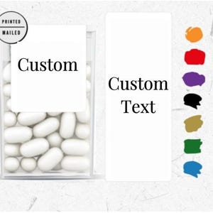 May include: A transparent rectangular container filled with white oval sweets. The container has a white label with the word "Custom" printed on it. Next to it is a white rectangle with the words "Custom Text". A series of colourful shapes are on the right.