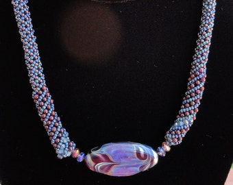 Summer Skies Necklace Lampwork Focal Bead and Russian Spiral Woven Bead Rope