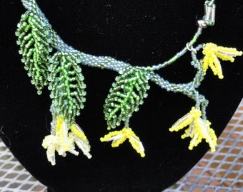 Spring Forsythia Flower Beadwork Necklace