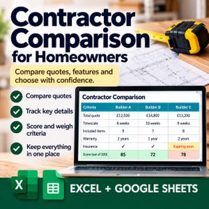 May include: A digital contractor comparison tool for homeowners displayed on a laptop screen, featuring a table with columns for Builder A, B, and C, alongside a yellow tape measure, architectural blueprints, and Excel and Google Sheets icons.