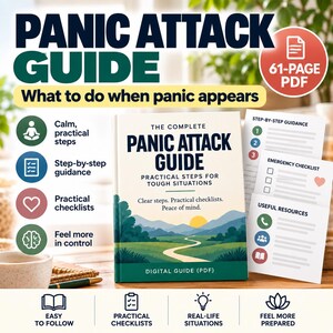 May include: A 61-page digital PDF guide titled The Complete Panic Attack Guide, featuring a landscape illustration of a path through hills at sunrise. The guide includes practical steps, checklists, and resources for managing panic in a clear, easy-to-follow format.
