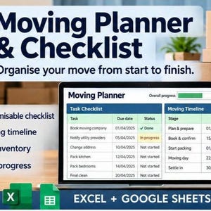 Può includere: Un pianificatore di traslochi digitale visualizzato su uno schermo di un portatile, con elenco attività, cronologia e barra di avanzamento. Il testo recita Moving Planner & Checklist, Organise your move from start to finish e EXCEL + GOOGLE SHEETS.